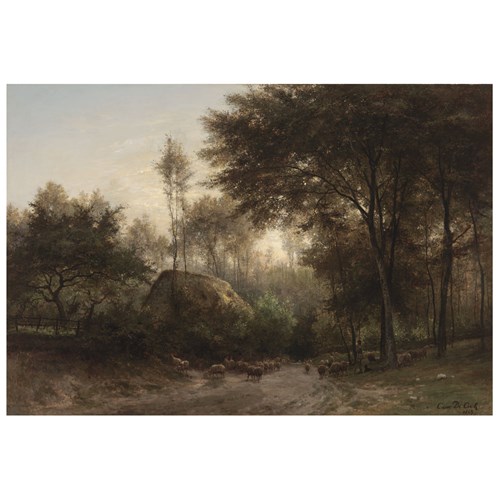 Shepherd with sheep near forest farm